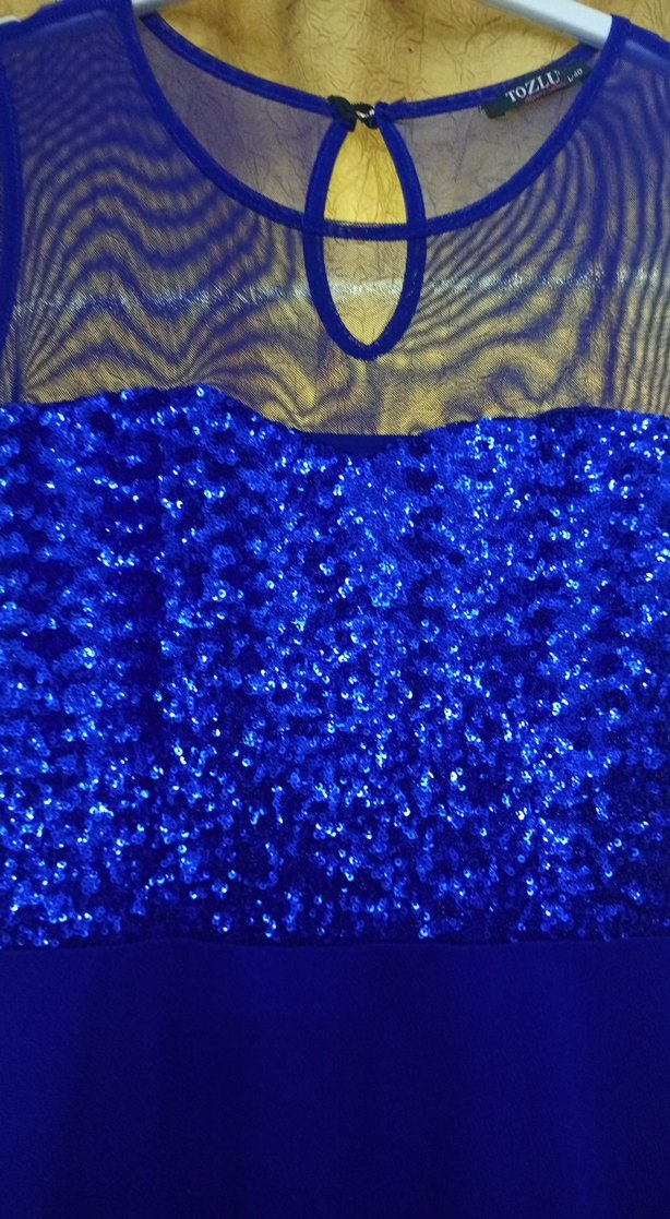 Mavi Parlak İşlemeli Uzun Abiye Elbise - Görsel 2