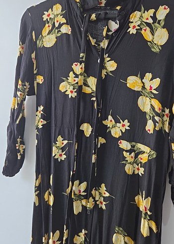 Düğmeli Uzun Kollu Bohem sarı çiçekli Elbise - Görsel 2