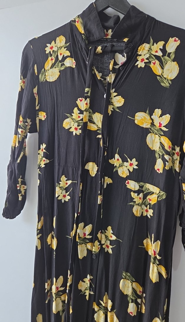 Düğmeli Uzun Kollu Bohem sarı çiçekli Elbise - Görsel 2