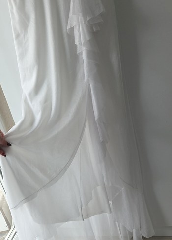 Beyaz Drapeli Uzun beyaz simli Kadın Elbise - Görsel 3
