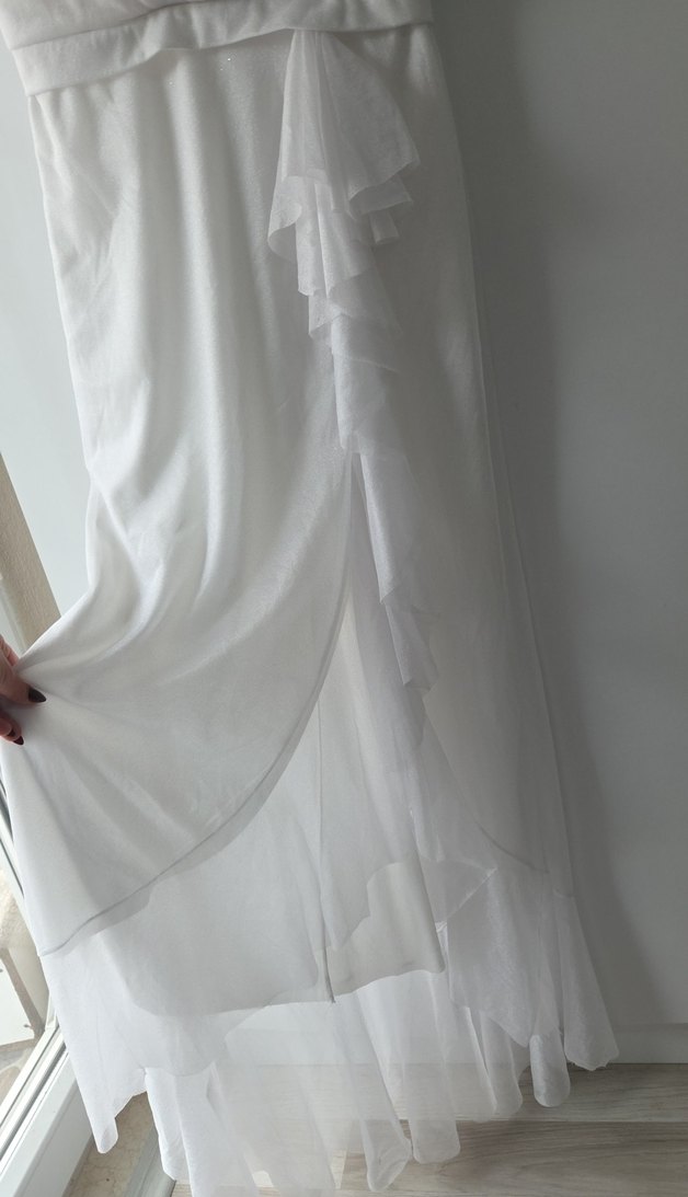 Beyaz Drapeli Uzun beyaz simli Kadın Elbise - Görsel 3
