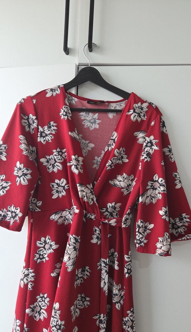 Bordo V Yaka Bohem Midi Elbise - Görsel 2