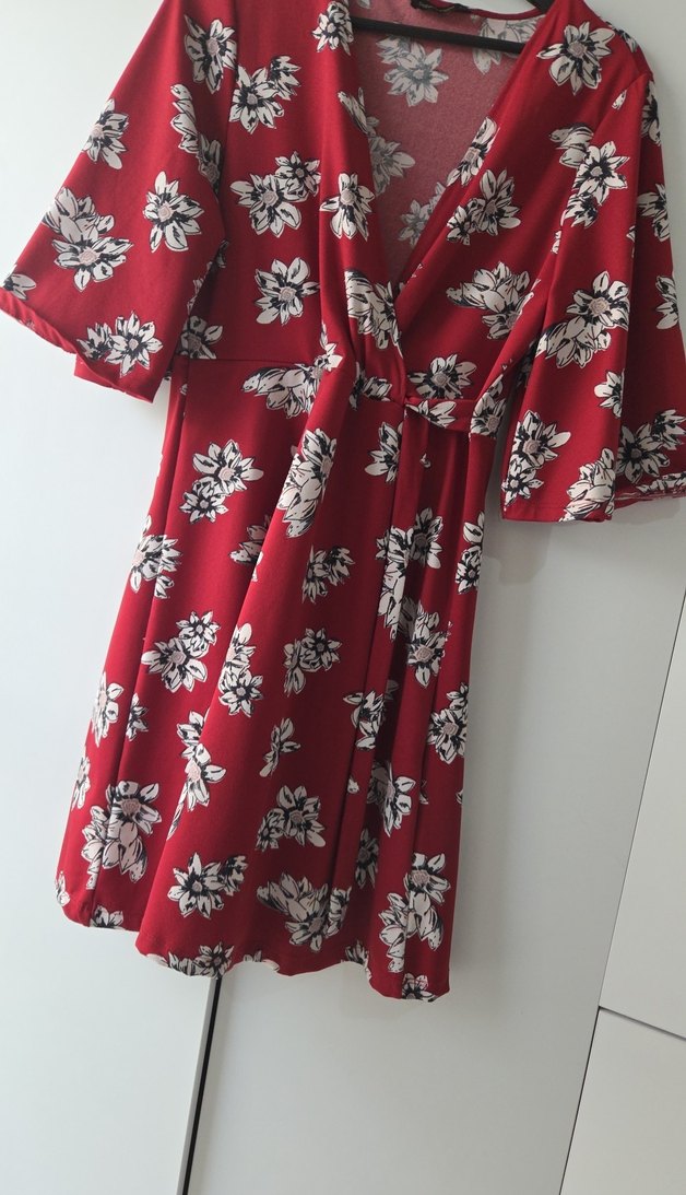 Bordo V Yaka Bohem Midi Elbise - Görsel 3