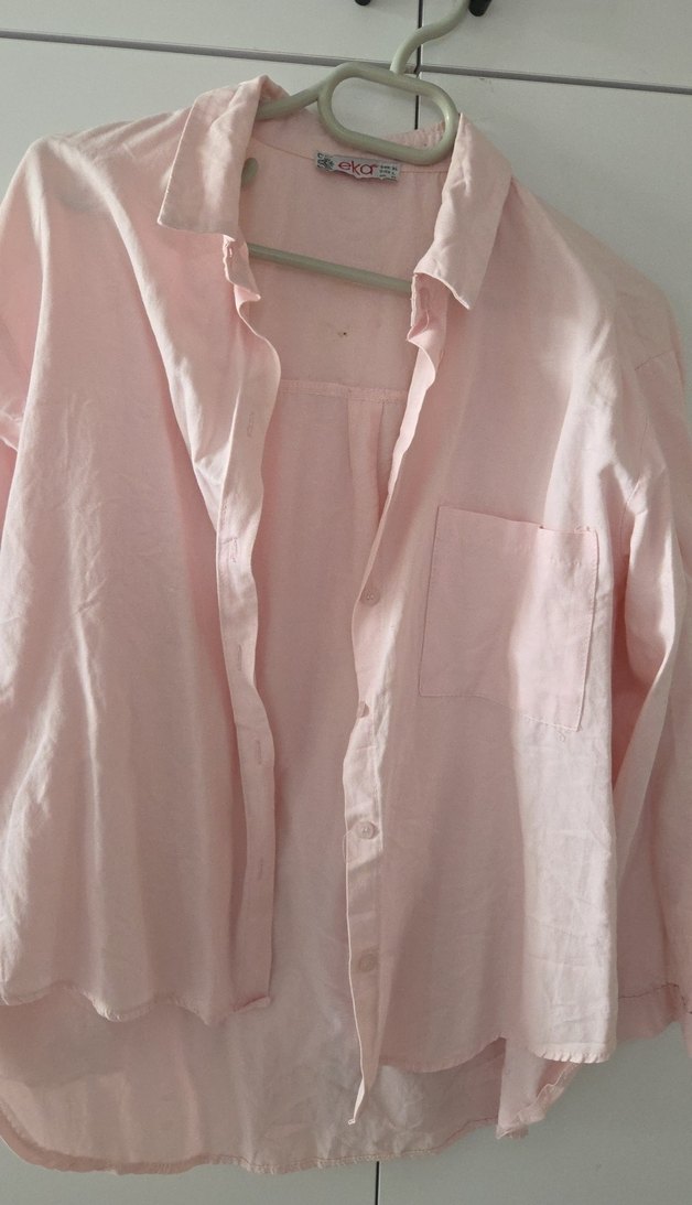 Düğmeli Pembe Keten Gömlek - Görsel 2