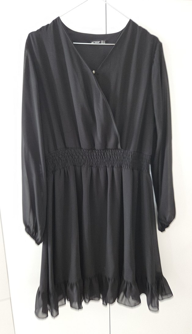 Siyah V Yaka Uzun Kollu Midi Elbise - Görsel 2