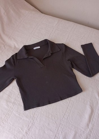 Uzun Kollu Polo yaka kısa crop bluz