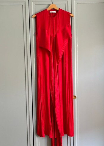 Zara Kırmızı Saten Uzun Kadın Elbise - Görsel 4