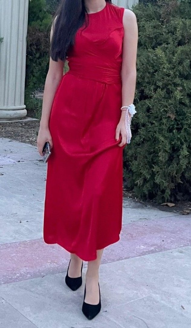 Zara Kırmızı Saten Uzun Kadın Elbise - Görsel 2