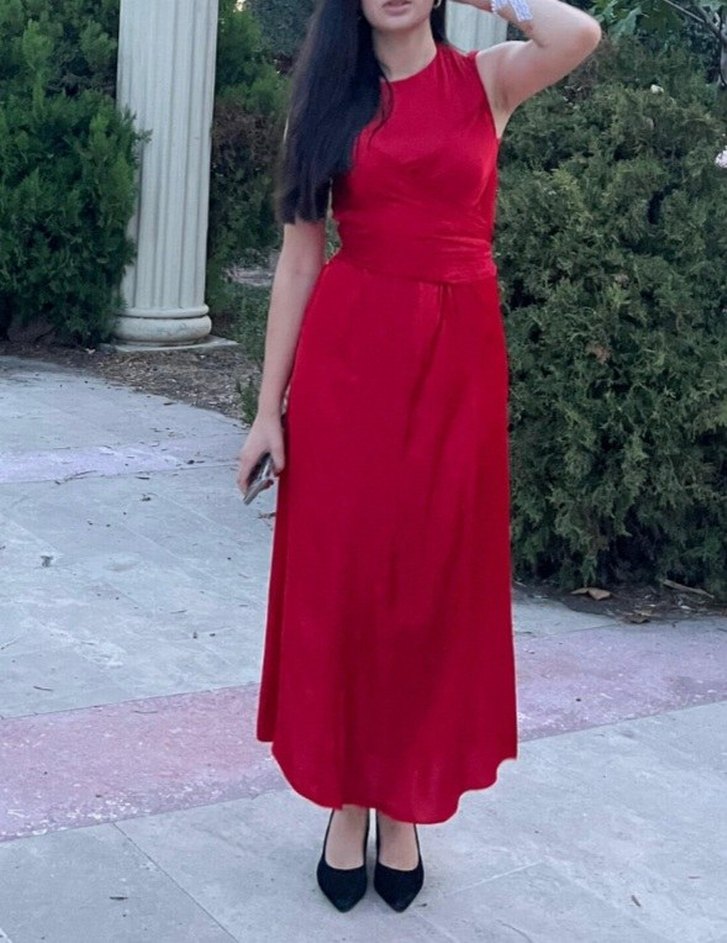 Zara Kırmızı Saten Uzun Kadın Elbise - Görsel 3