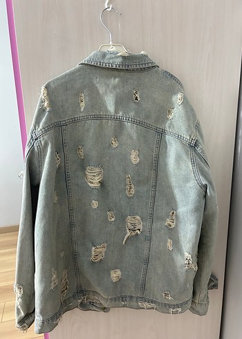 l Beden Düğmeli Gri Kadın Denim Ceket