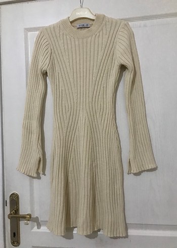 Bej Uzun Kollu Triko Elbise - Görsel 2