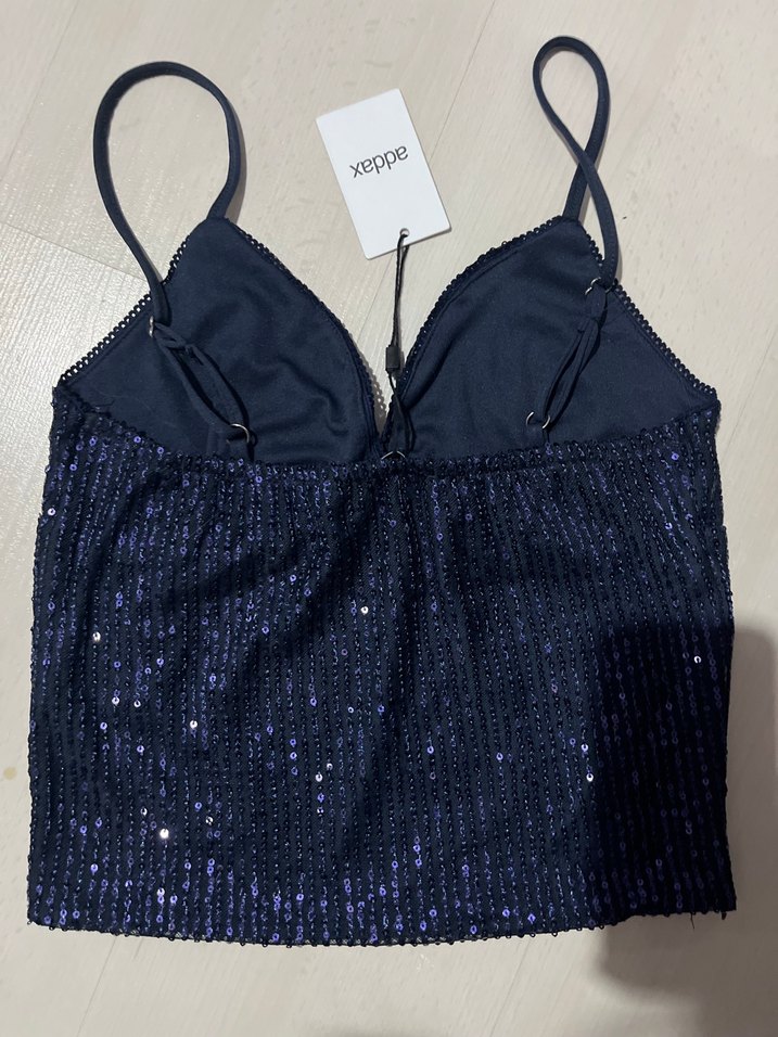 Lacivert Payetli İnce Askılı Crop Top addax — görsel 2/3