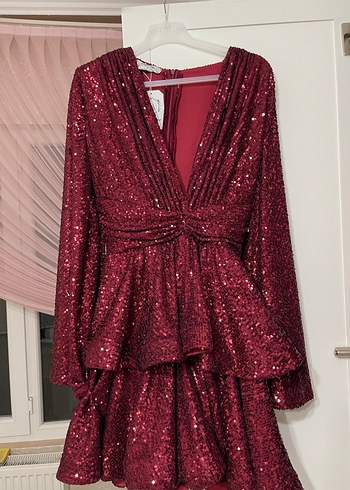 Bordo Parlak Yılan Desenli Mini Elbise - Görsel 4