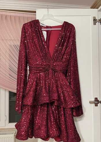 Bordo Parlak Yılan Desenli Mini Elbise - Görsel 3