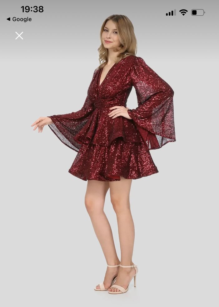 Bordo Parlak Yılan Desenli Mini Elbise - Görsel 2