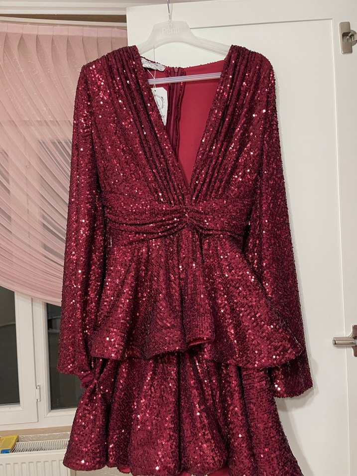 Bordo Parlak Yılan Desenli Mini Elbise - Görsel 4