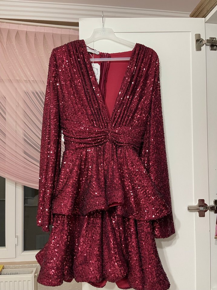 Bordo Parlak Yılan Desenli Mini Elbise - Görsel 3