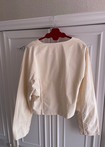 Beyaz Keten V Yaka Kemerli Kadın Ceket - Görsel 4