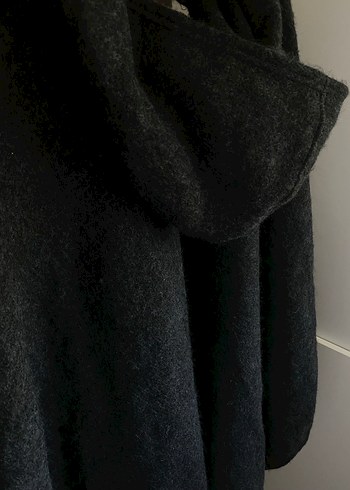 Gri Yün Kadın Panço yünlü kumaş kapşonlu  yakası bağcıklı uzun - Görsel 4