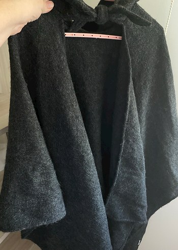 Gri Yün Kadın Panço yünlü kumaş kapşonlu  yakası bağcıklı uzun - Görsel 2