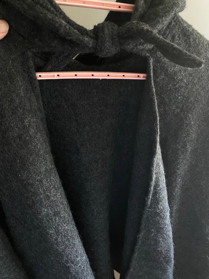 Gri Yün Kadın Panço yünlü kumaş kapşonlu  yakası bağcıklı uzun - Görsel 3