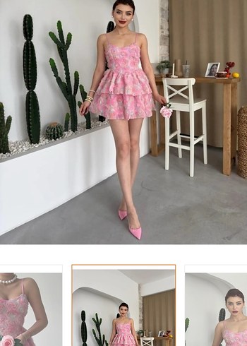 Pembe Fırfırlı Midi Straplez Elbise - Görsel 2