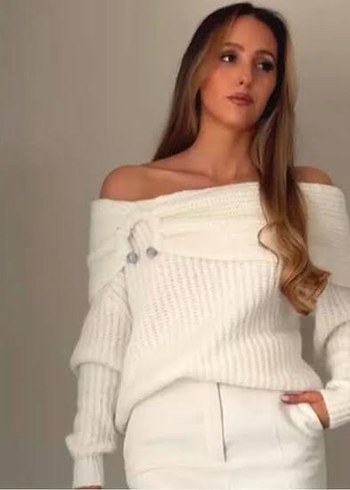 Zara Kadın Beyaz Örgü Kayık Yaka Salaş Kazak