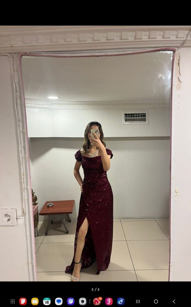 Bordo V Yaka Strappy Gece Elbisesi - Görsel 2