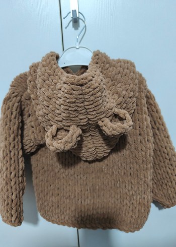 Kahverengi El Örgüsü Kapüşonlu Hırka - Görsel 3