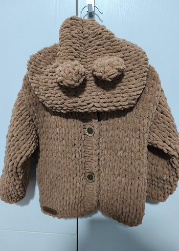 Kahverengi El Örgüsü Kapüşonlu Hırka - Görsel 2