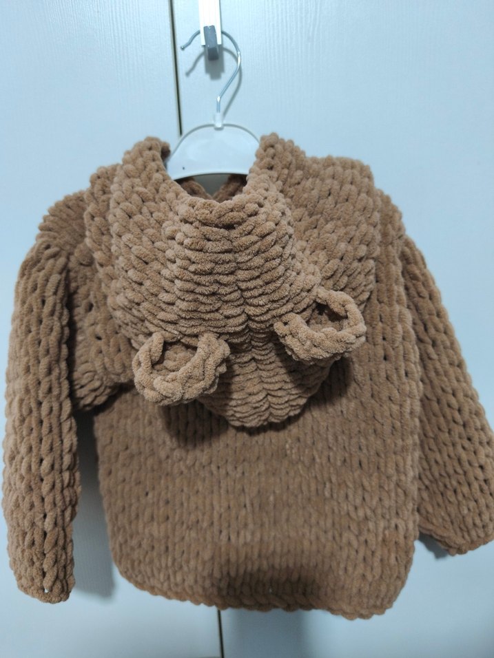 Kahverengi El Örgüsü Kapüşonlu Hırka - Görsel 3