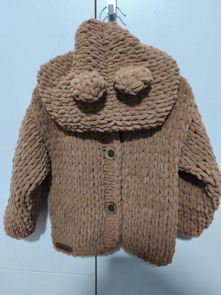 Kahverengi El Örgüsü Kapüşonlu Hırka - Görsel 2