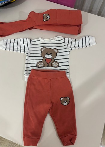 6/9 ay Erkek Bebek Kahverengi Ayıcık Desenli Üçlü Takım - Görsel 2