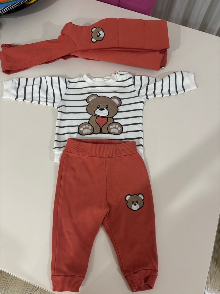 6/9 ay Erkek Bebek Kahverengi Ayıcık Desenli Üçlü Takım - Görsel 2