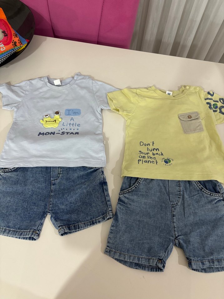 12/18 aySarı Gri Kısa Kollu Bebek Erkek Kot Takım - Görsel 4