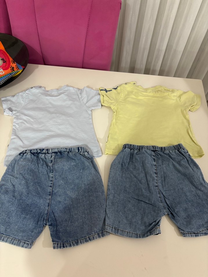 12/18 aySarı Gri Kısa Kollu Bebek Erkek Kot Takım - Görsel 2