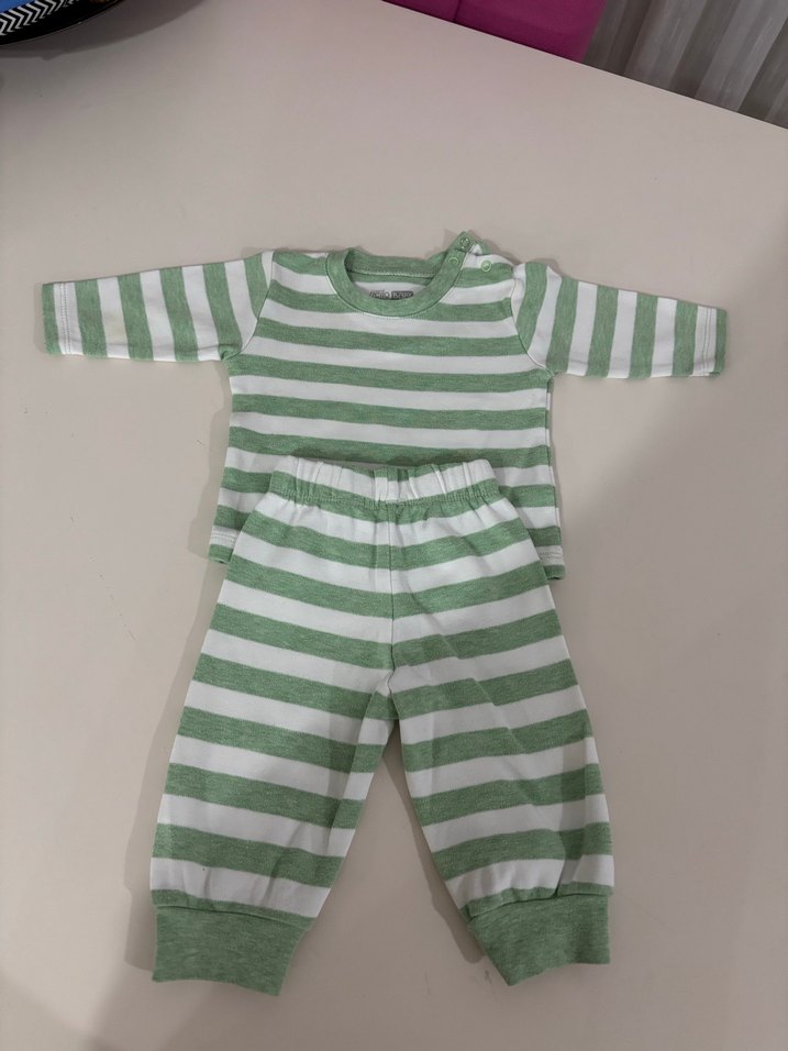 3 ay Uzun Kollu Çizgili Bebek Takımı Yeşil - Görsel 2