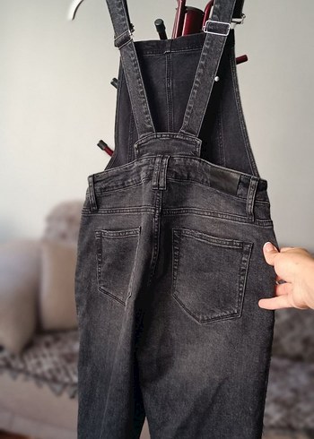 27 Beden Gri Batik Desenli Kadın Denim Tulum