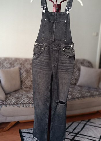 Gri Batik Desenli Kadın Denim Tulum