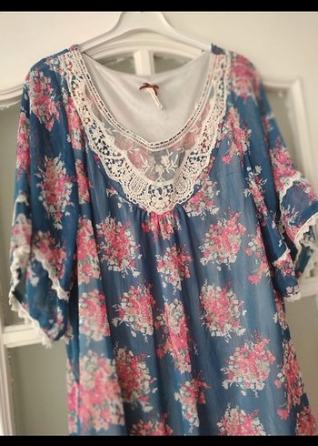 Dantel Yakalı Mavi Mini Bohem Elbise - Görsel 2