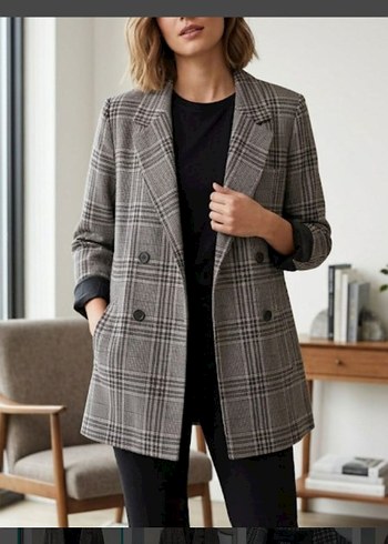 Zara Gri Ekose Uzun Blazer Ceket