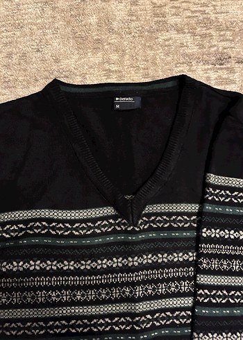 Erkek Siyah V Yaka Desenli Triko Kazak - Görsel 4