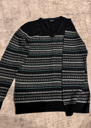 Erkek Siyah V Yaka Desenli Triko Kazak - Görsel 5