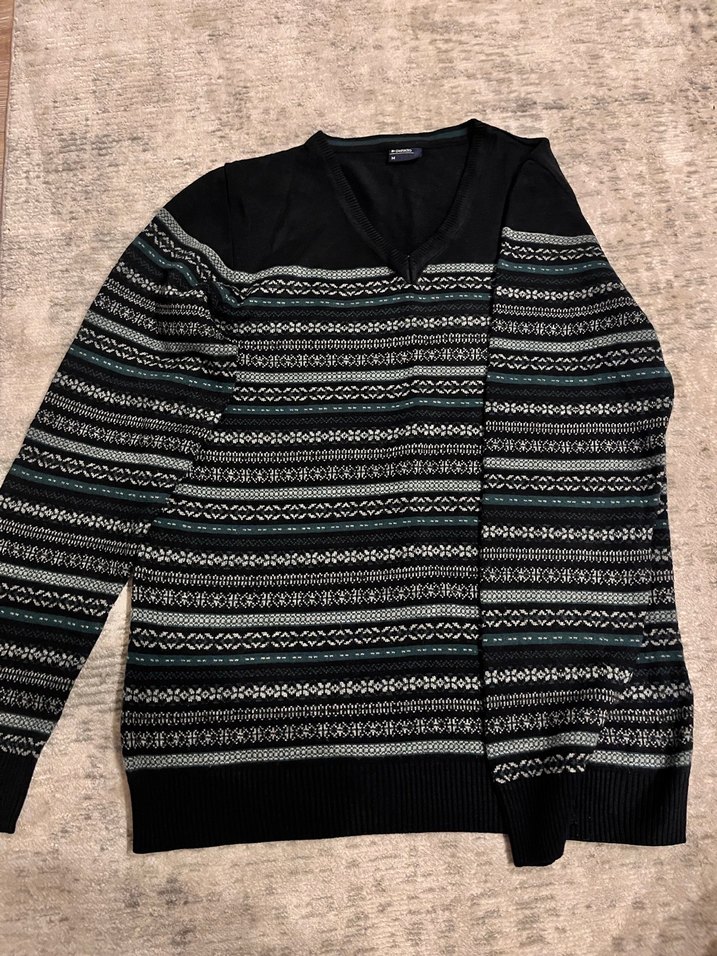 Erkek Siyah V Yaka Desenli Triko Kazak - Görsel 5