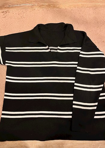 Siyah Beyaz Çizgili Örgü Kadın Kazak - Görsel 3