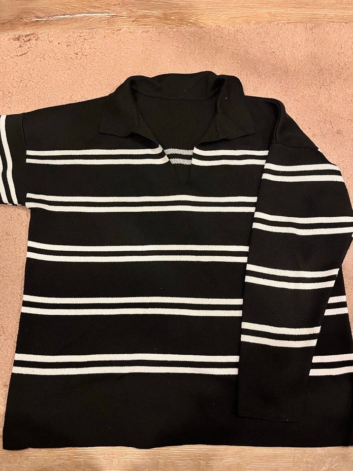 Siyah Beyaz Çizgili Örgü Kadın Kazak - Görsel 3