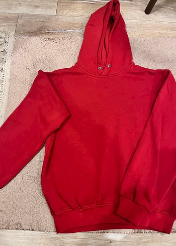 Kadın Kırmızı Kapüşonlu Basic Sweatshirt - Görsel 3