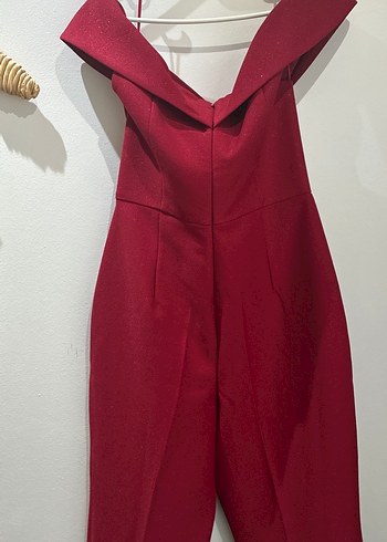 Bordo V Yaka Drapeli Uzun Kadın Tulum - Görsel 3