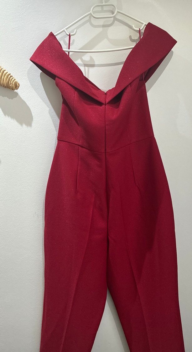 Bordo V Yaka Drapeli Uzun Kadın Tulum - Görsel 3