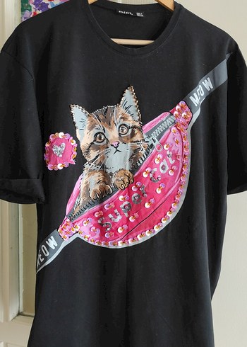 mind marka M L XL uyumlu Kedi baskılı pullu Tişört